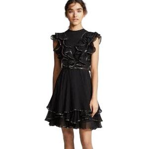 Costarellos Black Gold Trim Ruffled Illusion Dress - Size S